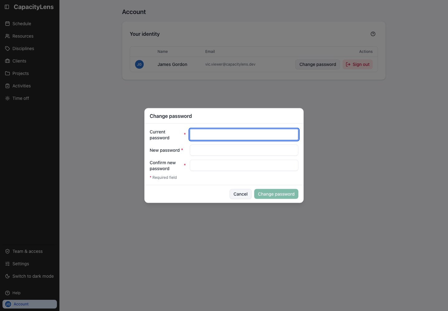 Change password dialog with empty Current password, New password and Confirm new password fields