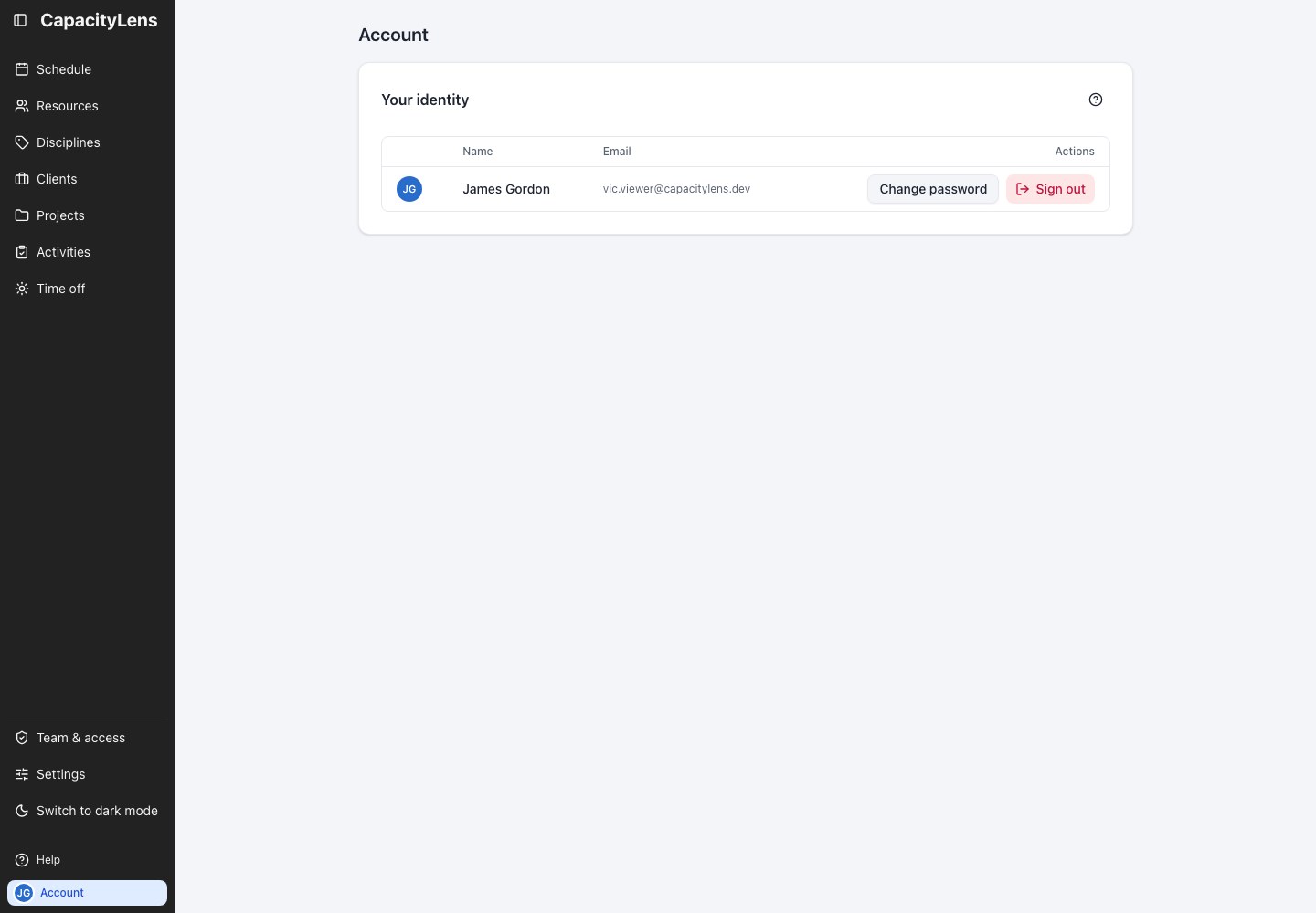 Account showing James Gordon’s identity, email, Change password and Sign out