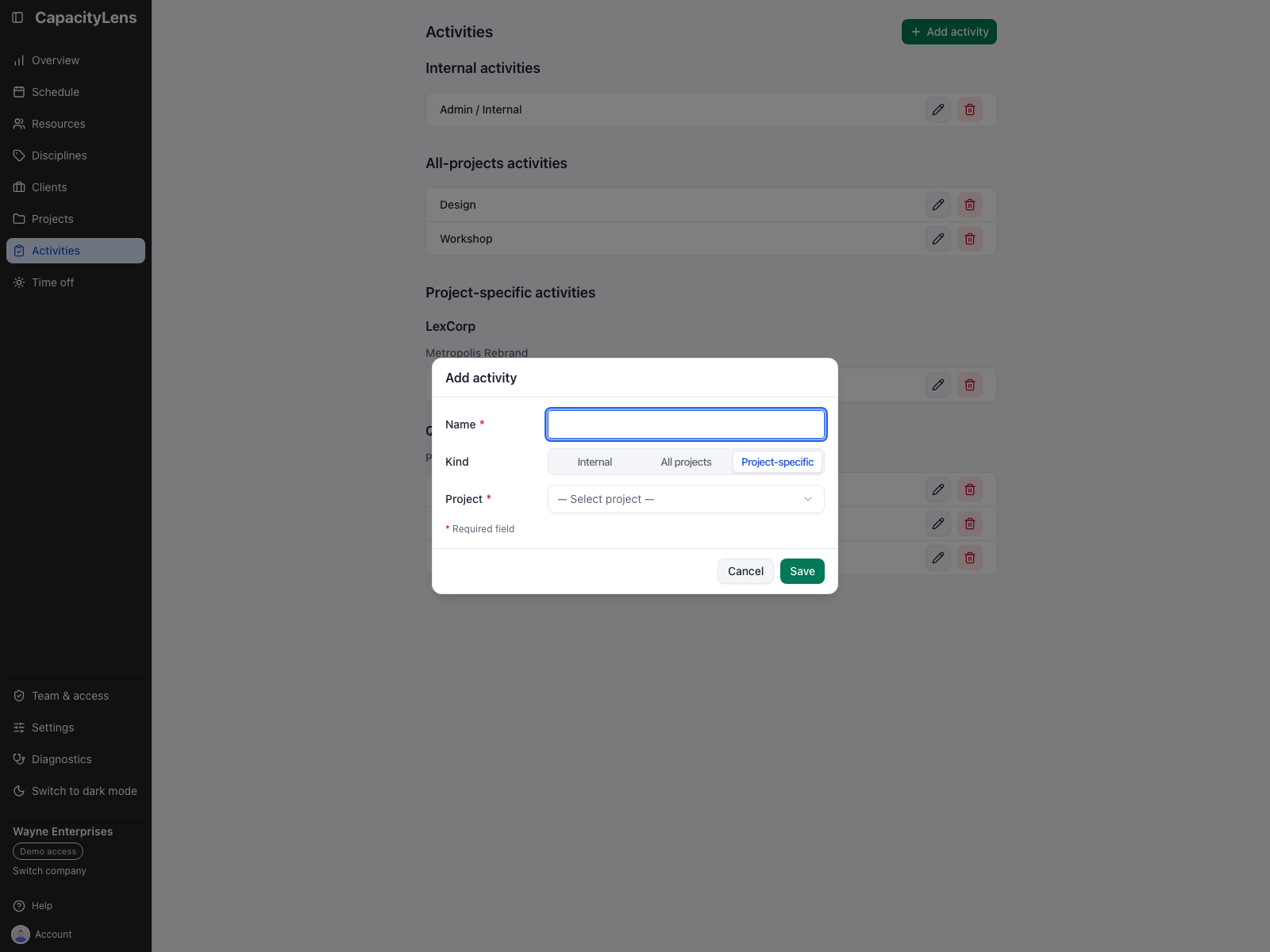 The Add activity form with Internal, All projects and Project-specific choices