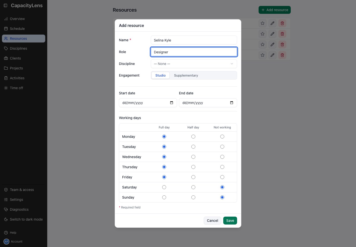 Resources: Add resource and the person form with Working days