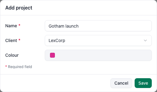Add project dialog with Name, Client set to LexCorp, Colour and Save