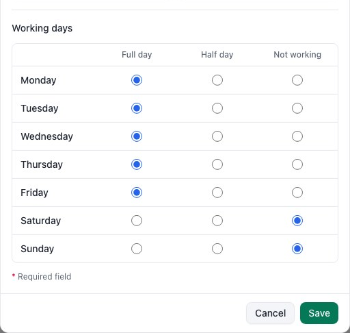 Add resource form: Working days with Full day for Monday to Friday, Not working at the weekend, and Save