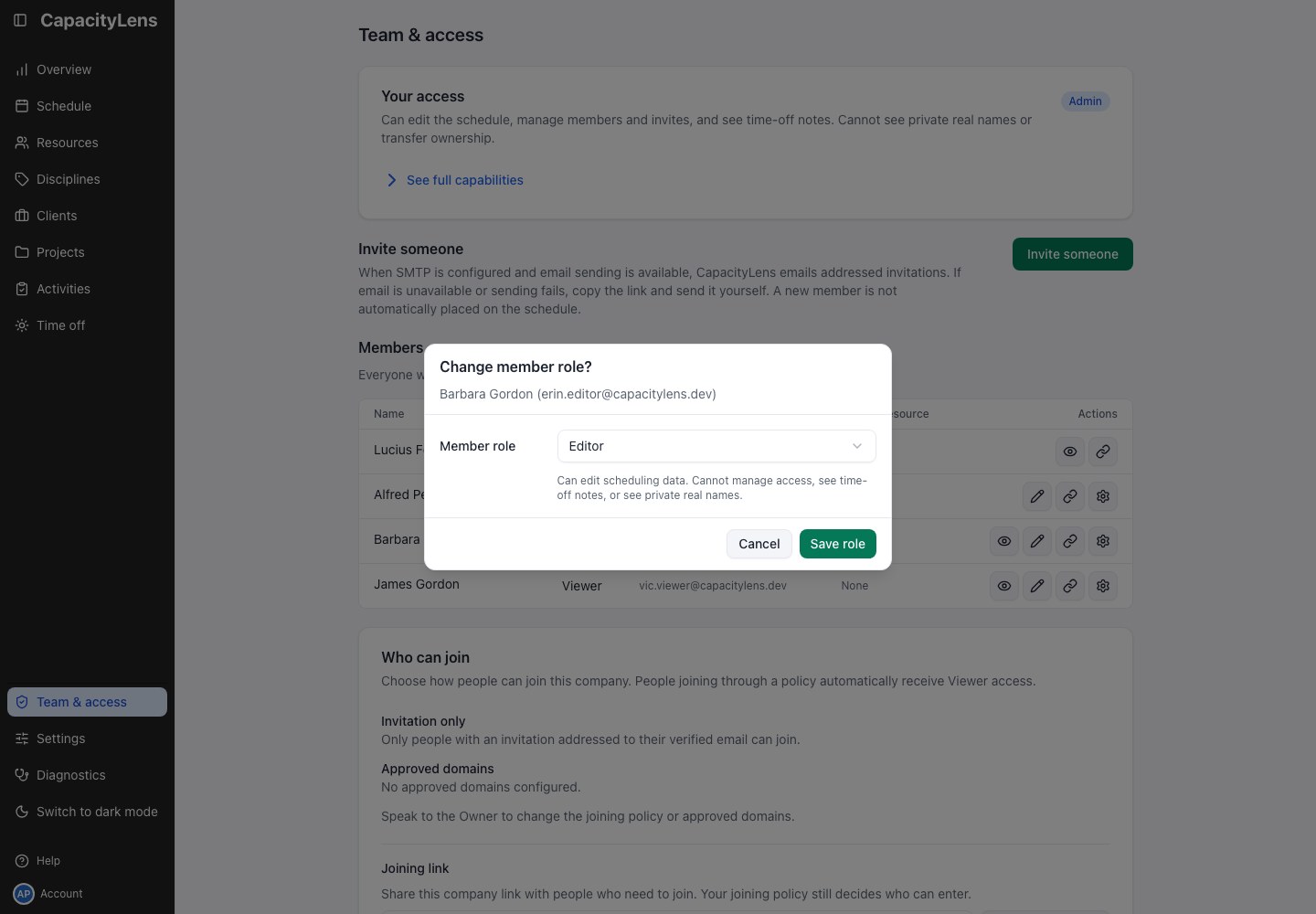 Change member role dialog explaining Editor permissions before saving