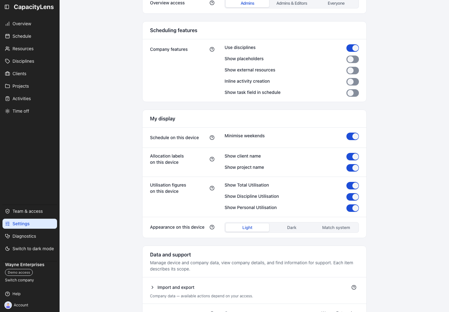 Settings: Scheduling features with the Company features switches visible