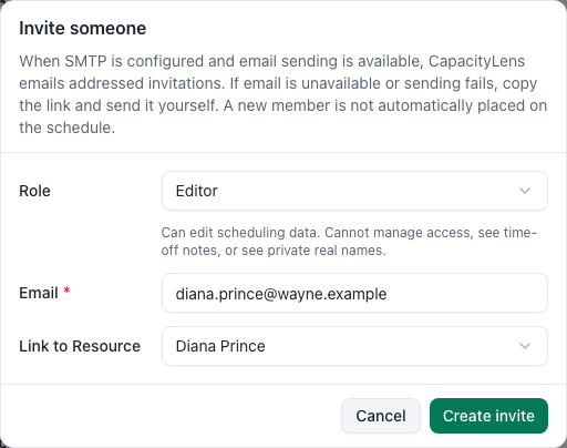 Invite someone dialog with Role set to Editor, an email address, Link to Resource set to Diana Prince and Create invite