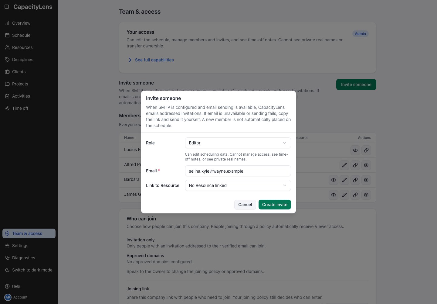 Team & access: Invite someone