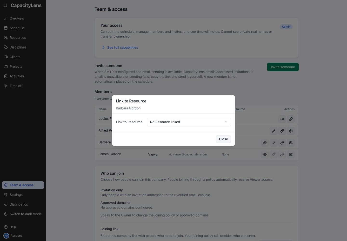 Team & access: Link to Resource dialog for a member without a linked person