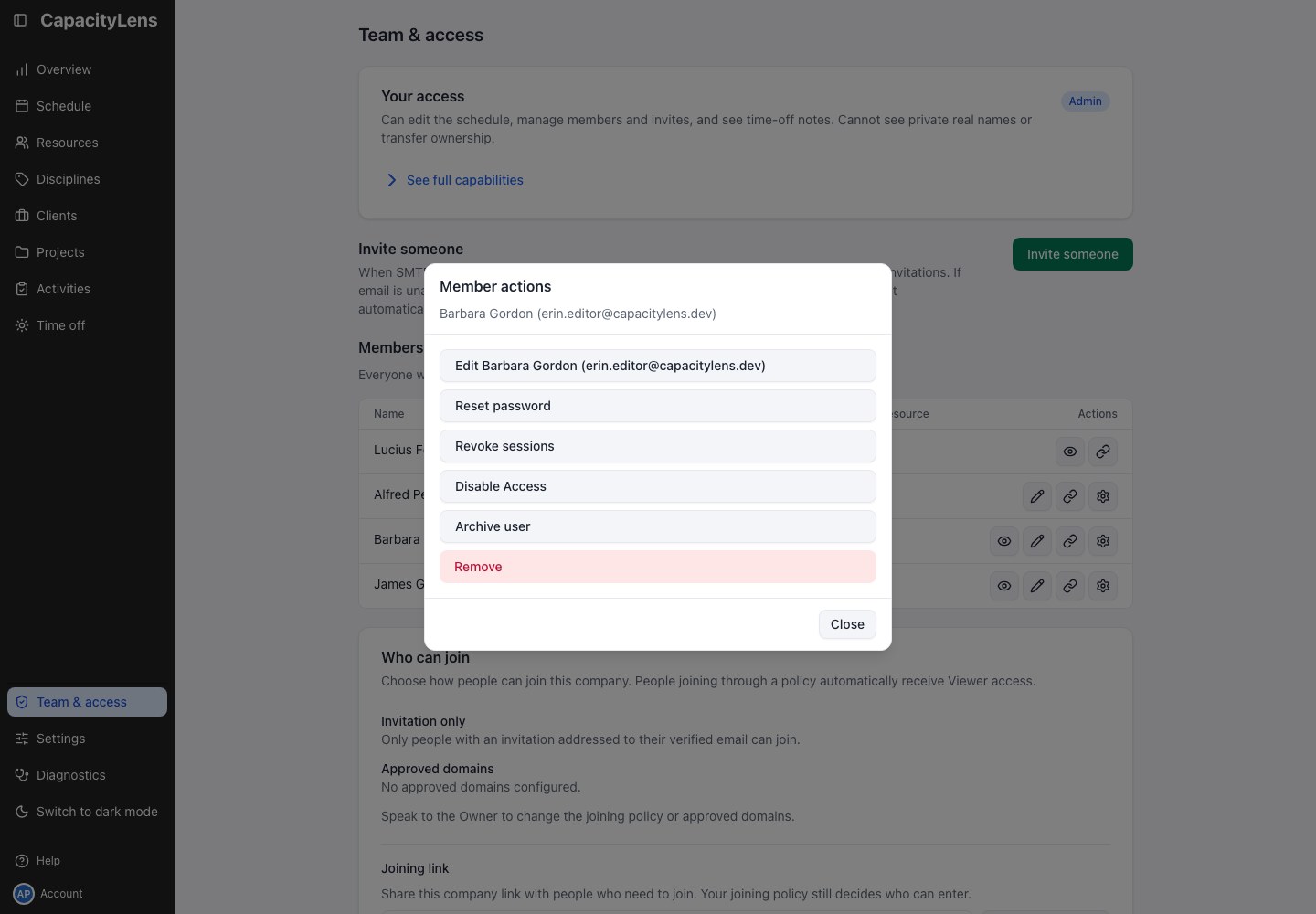 Team & access: Member actions dialog