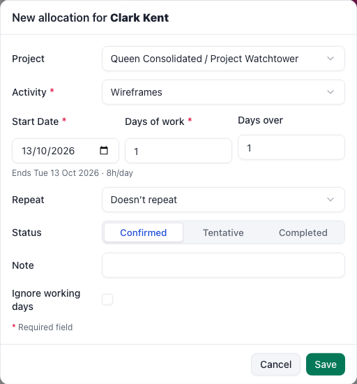 New allocation for Clark Kent dialog with Project, Activity, Start Date, Days of work, Status and Save