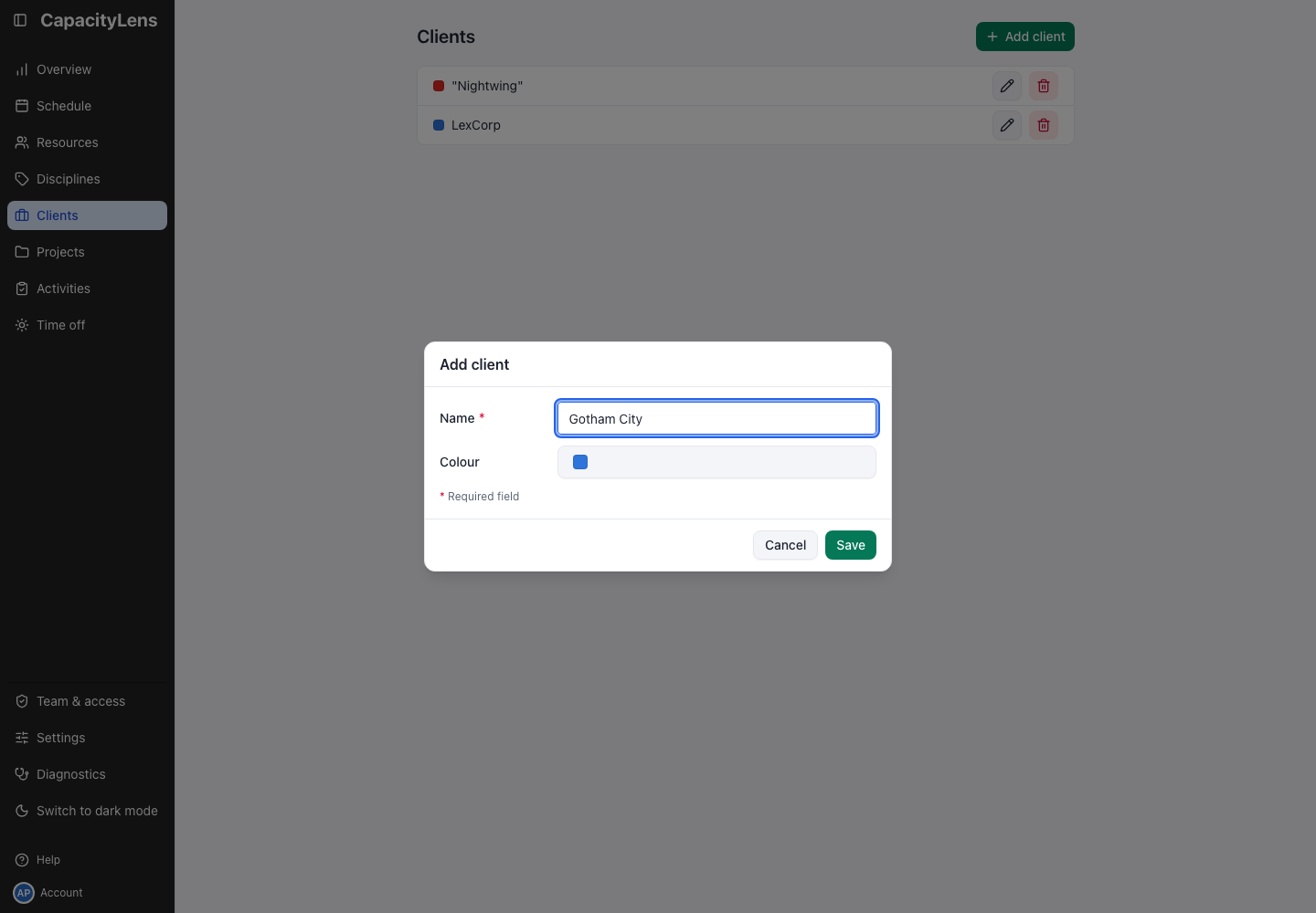 Clients: Add client form