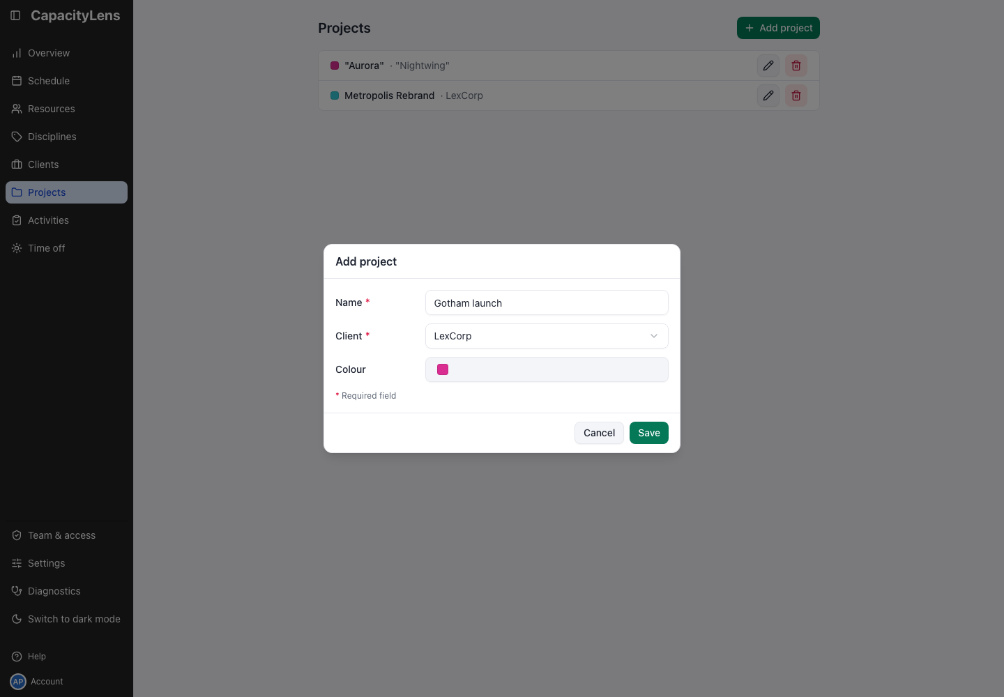 Projects: Add project form with Client selected