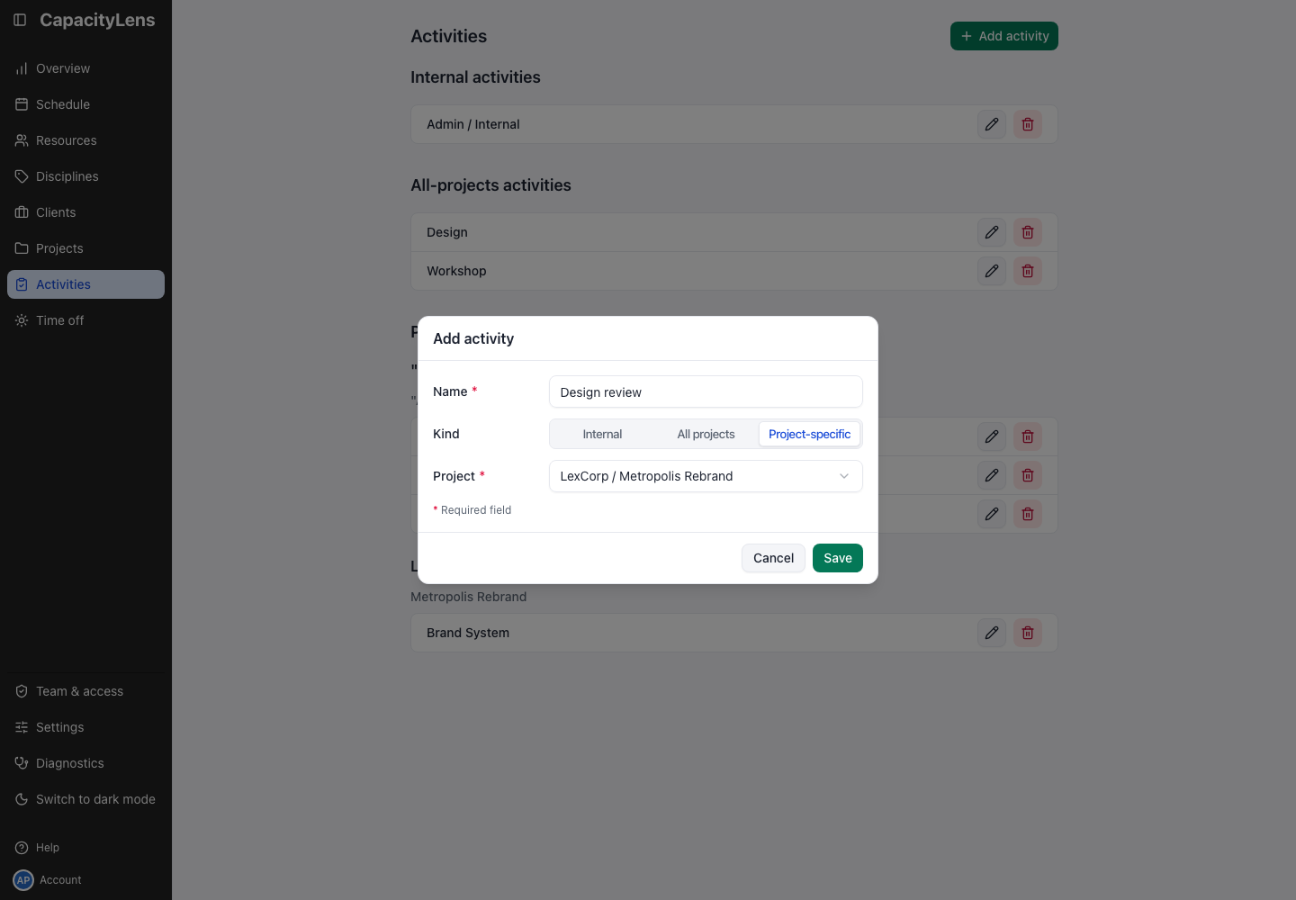 Activities: Add activity form for Design review with Project-specific selected and LexCorp / Metropolis Rebrand chosen