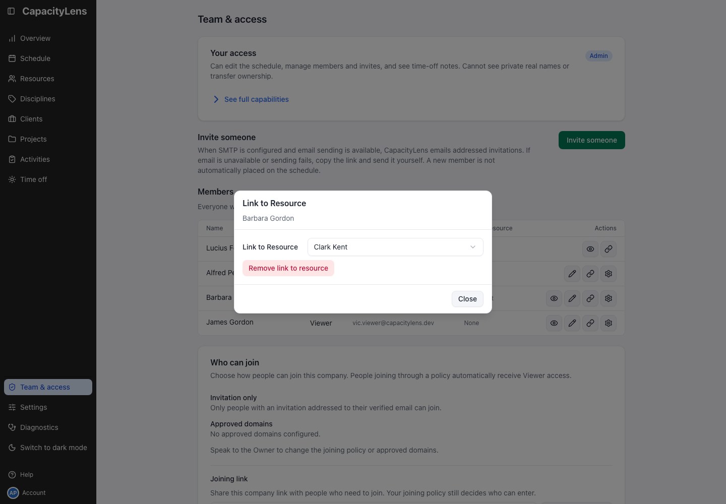 Resource link dialog for a linked member, with Remove link to resource available