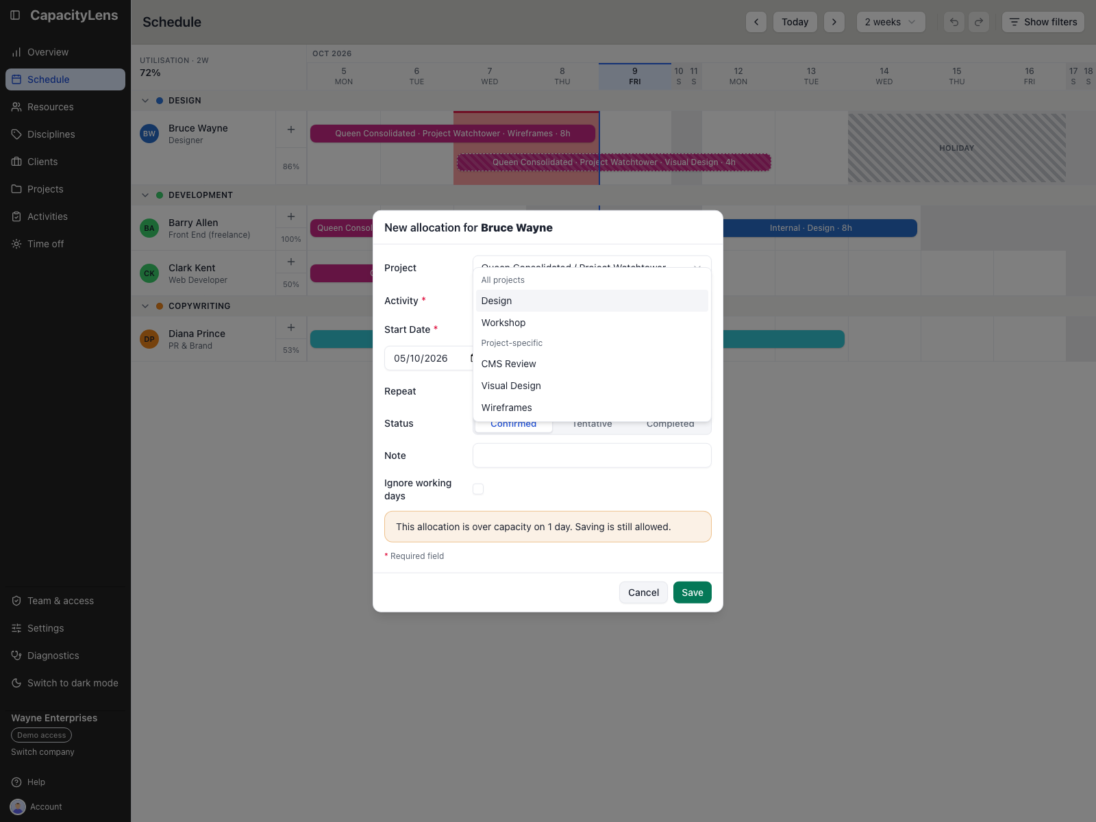 The allocation Activity picker with separate All projects and Project-specific groups