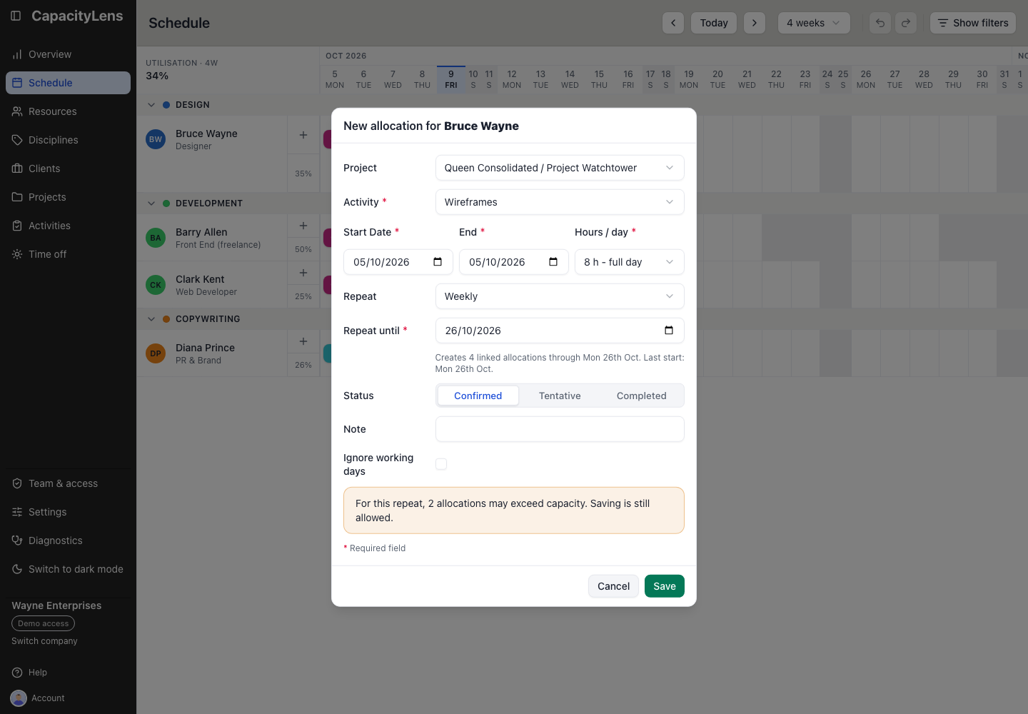 The New allocation form with Hours / day set to 8 h - full day, Weekly repeat details and the remaining controls aligned beneath