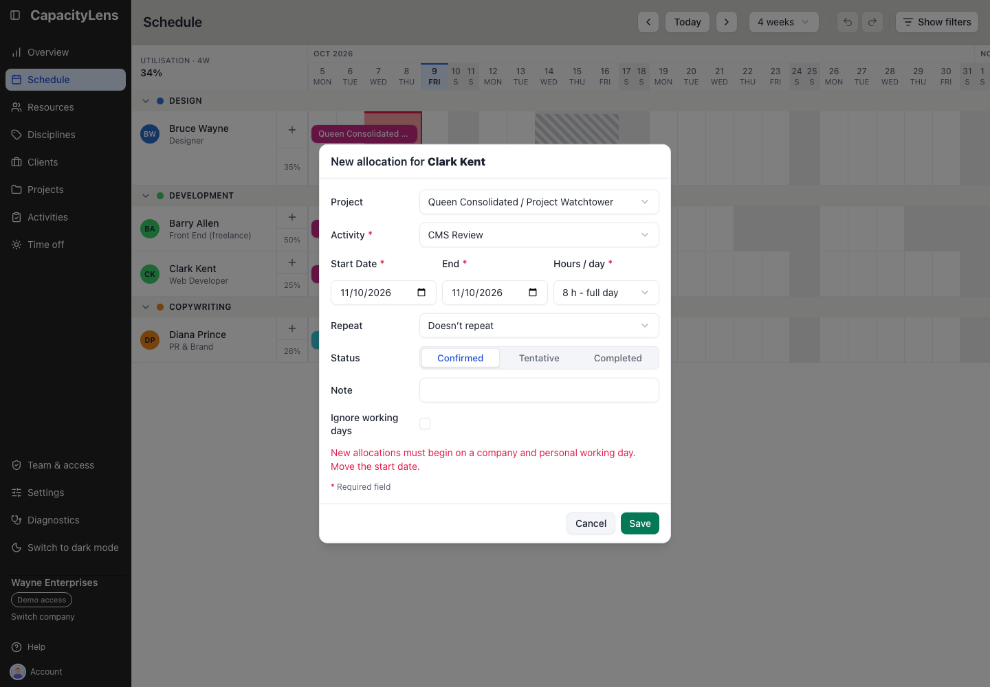 The New allocation form showing a rejected non-working-day start date and the message that new allocations must begin on a company and personal working day