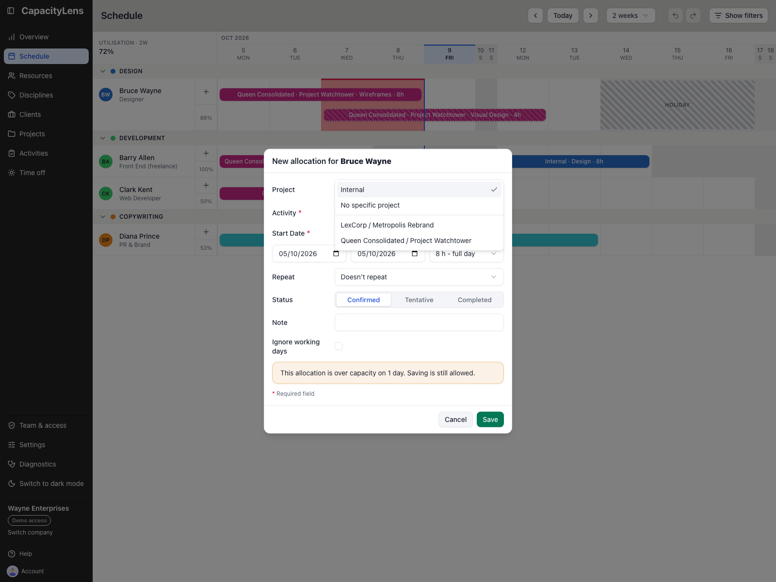 The allocation Project picker with Internal and No specific project before the available client projects