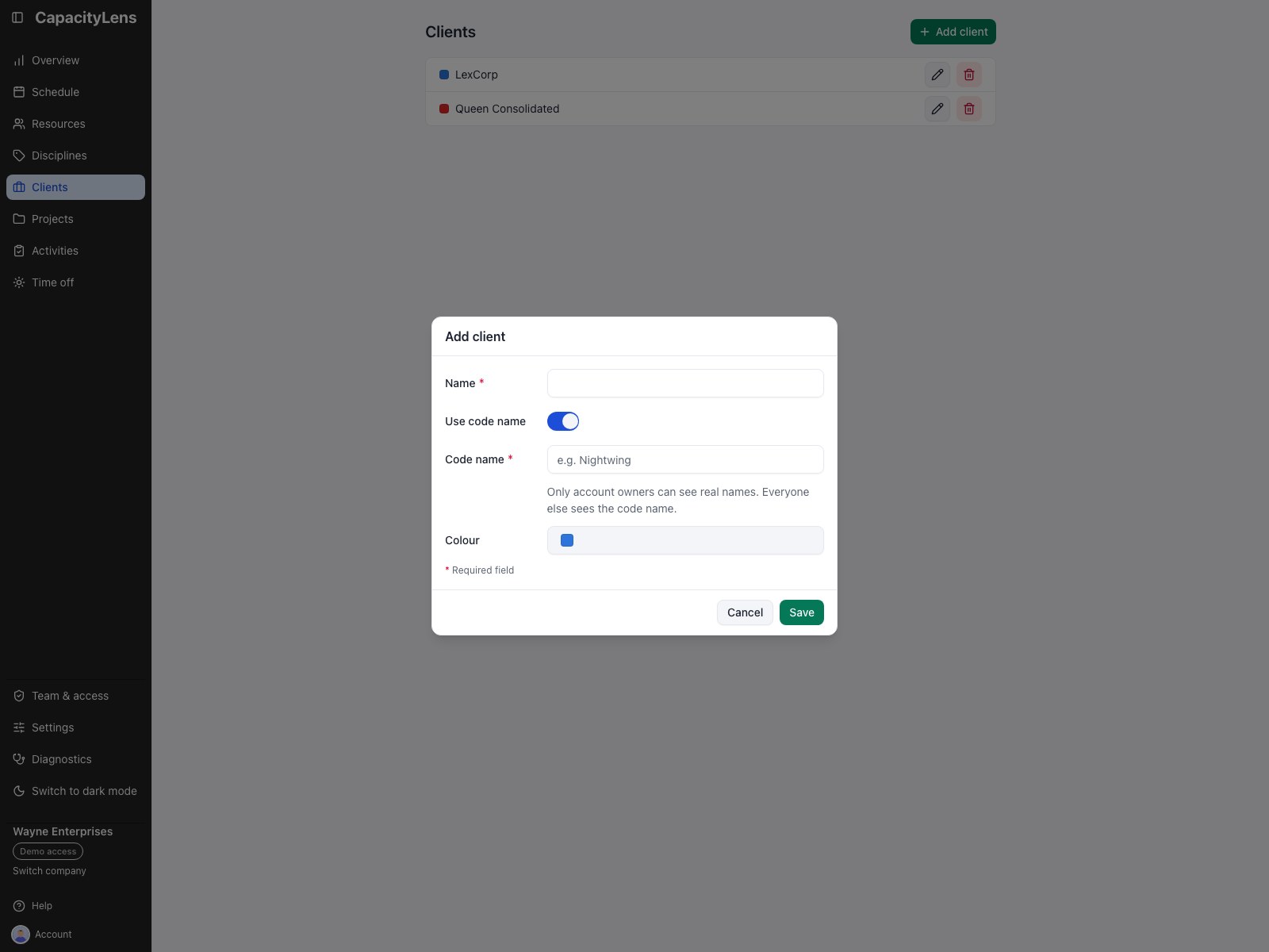 The Add client form with the privacy explanation below the Code name input