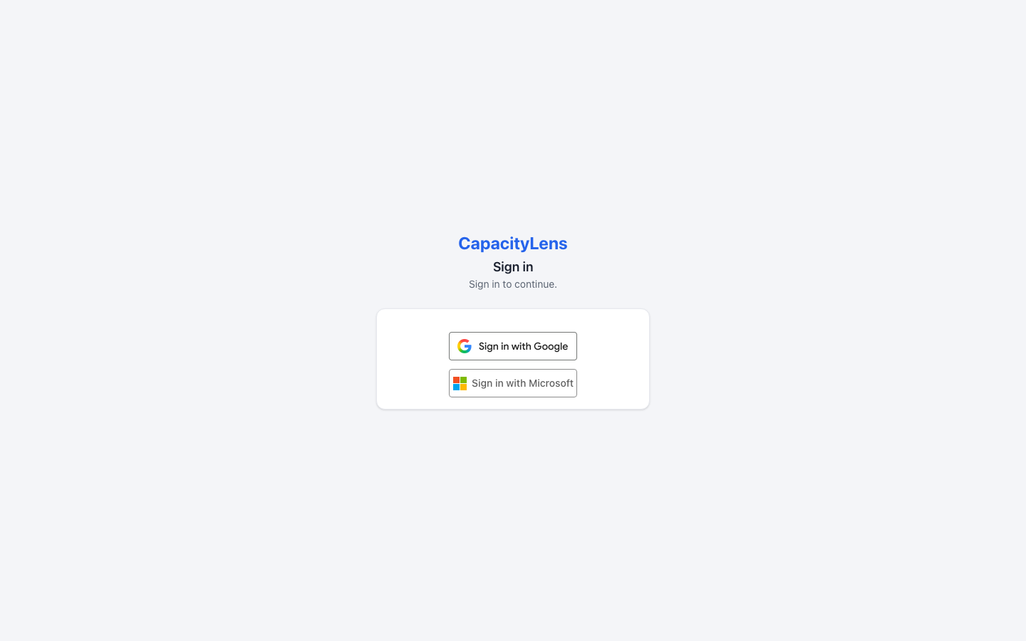 Company-sign-in-only screen with Google and Microsoft provider buttons and no password form
