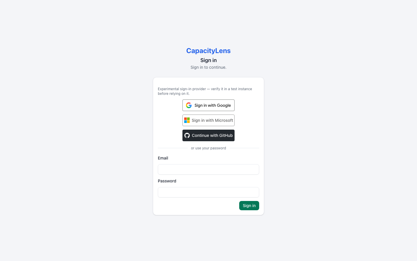 Sign-in screen with configured providers above the password form