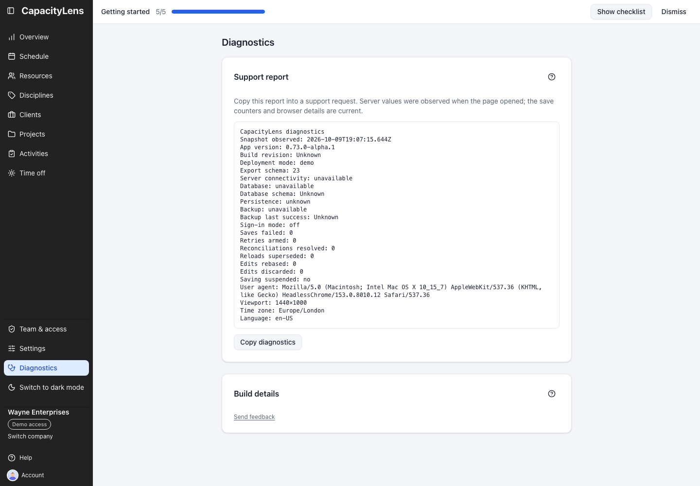 Diagnostics: the Support report in the demo, with the report text above Copy diagnostics