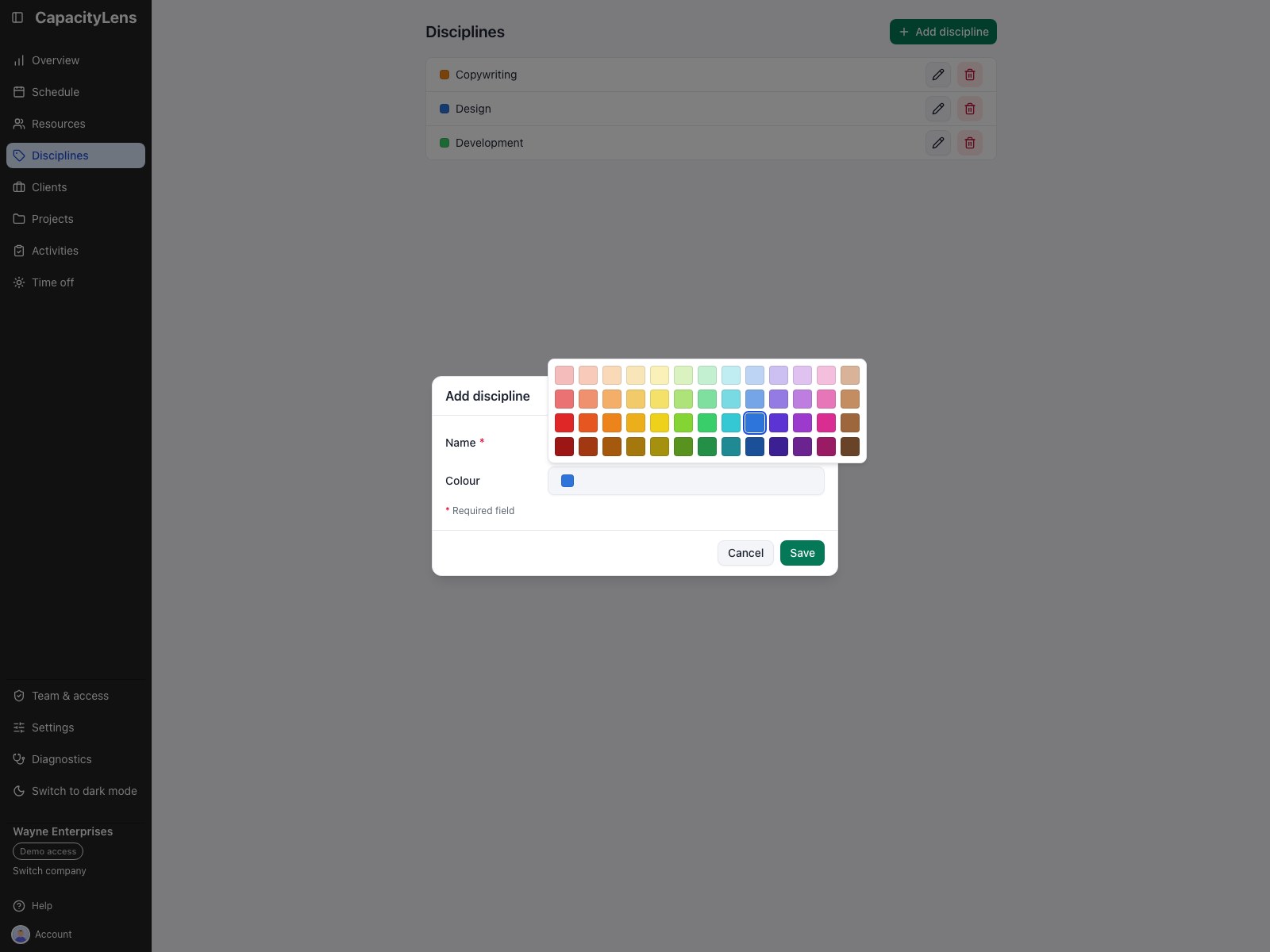 Add discipline with the preset colour swatches open