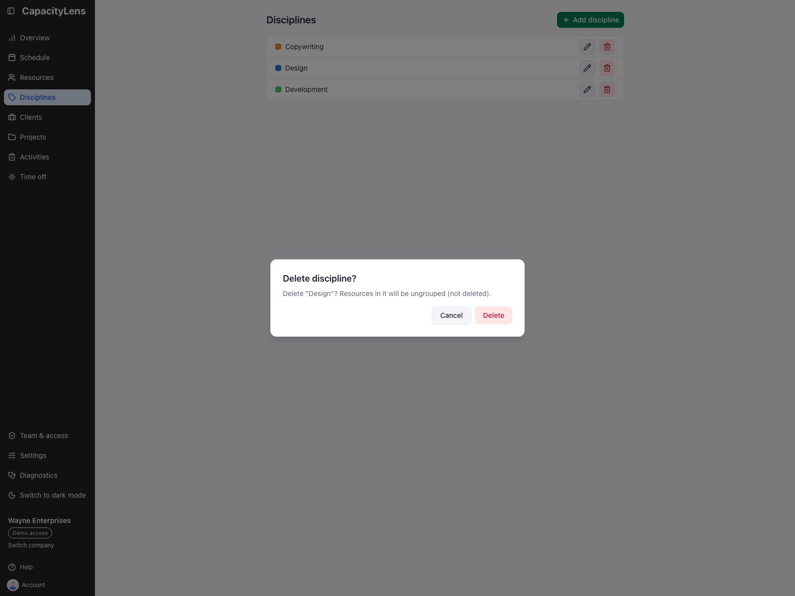 Delete discipline confirmation explaining that resources are ungrouped rather than deleted