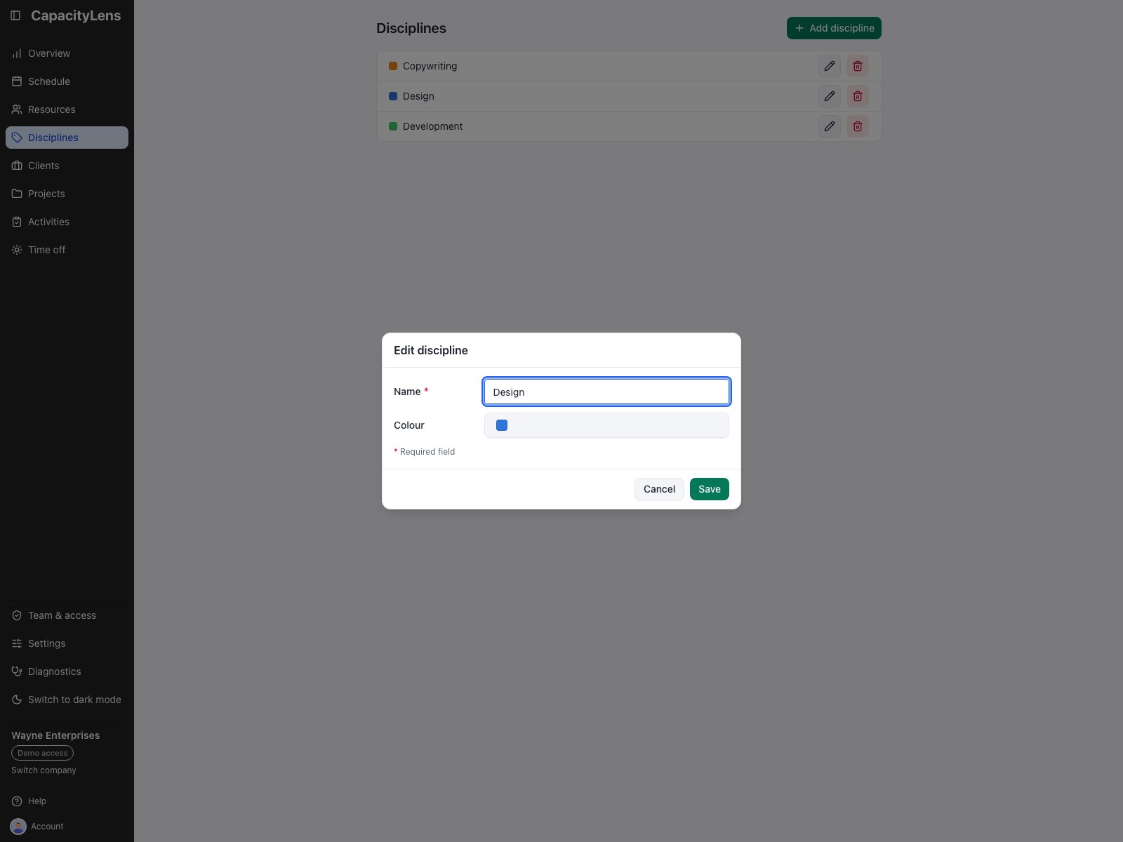 Edit discipline with its existing name and colour