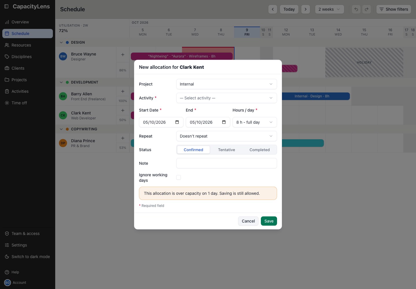 Editor allocation form with dates, daily hours, status, note, working-day exception and capacity warning