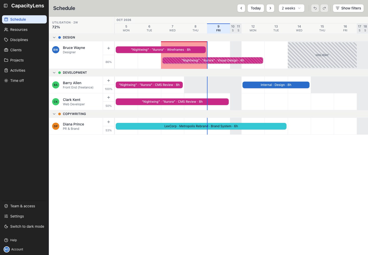 Schedule showing existing bookings, time off, utilisation and the controls for adding work