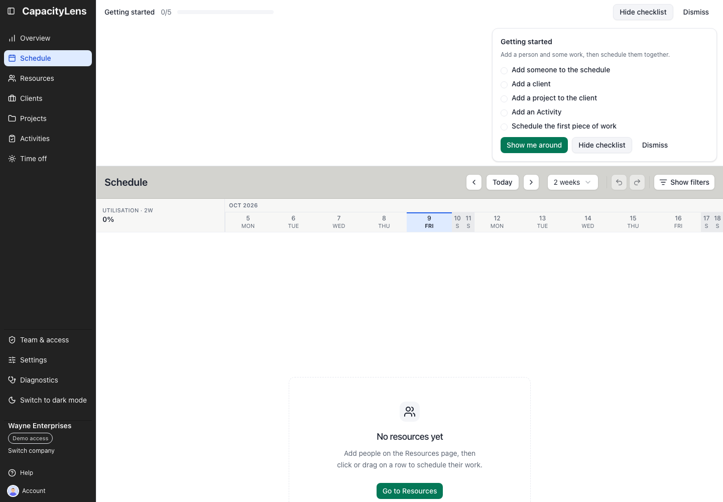 Getting started progress at 0/5 with the five setup milestones on Schedule