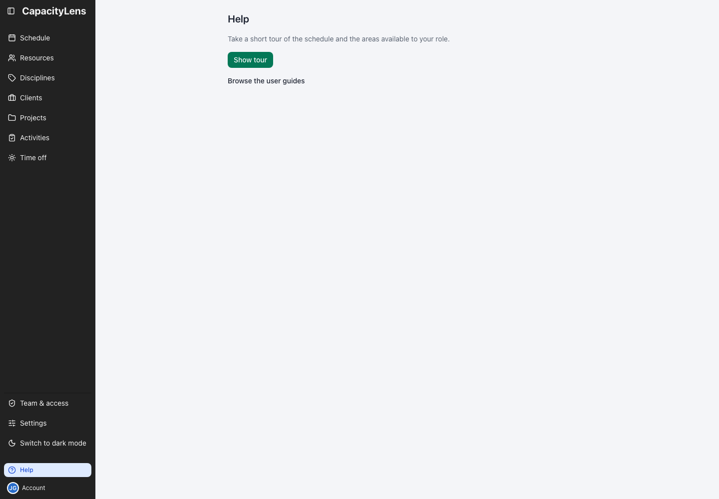 Help page with Show tour and Browse the user guides, above Account in the left menu