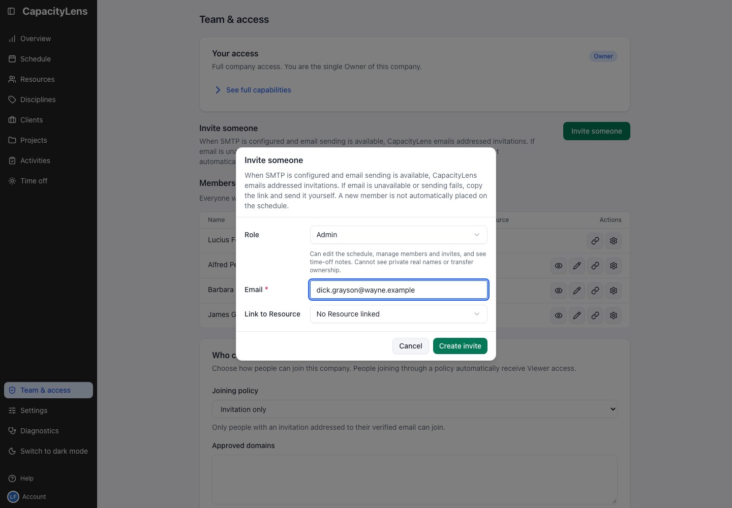 Team & access showing Invite someone with Admin, email, No Resource linked and Create invite