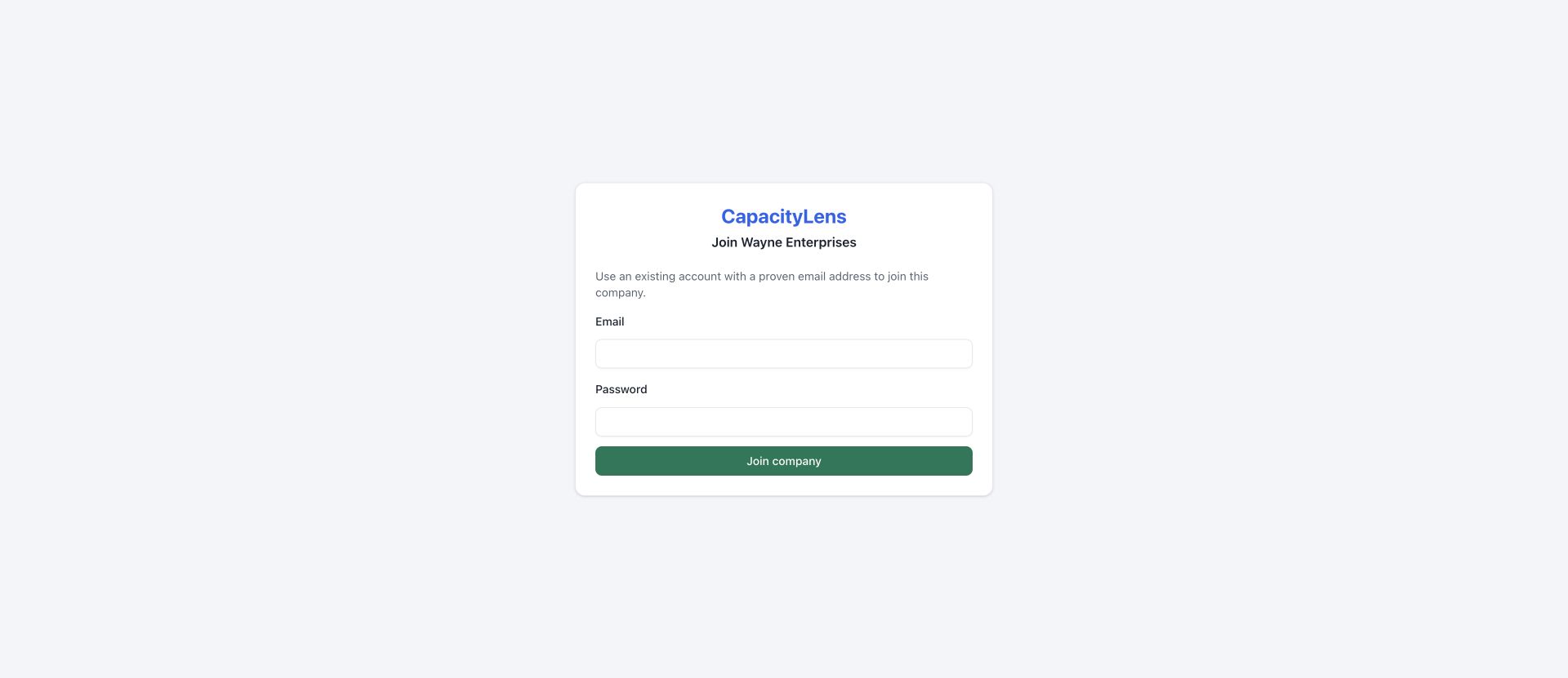 Reusable company joining page asking for an existing proven identity