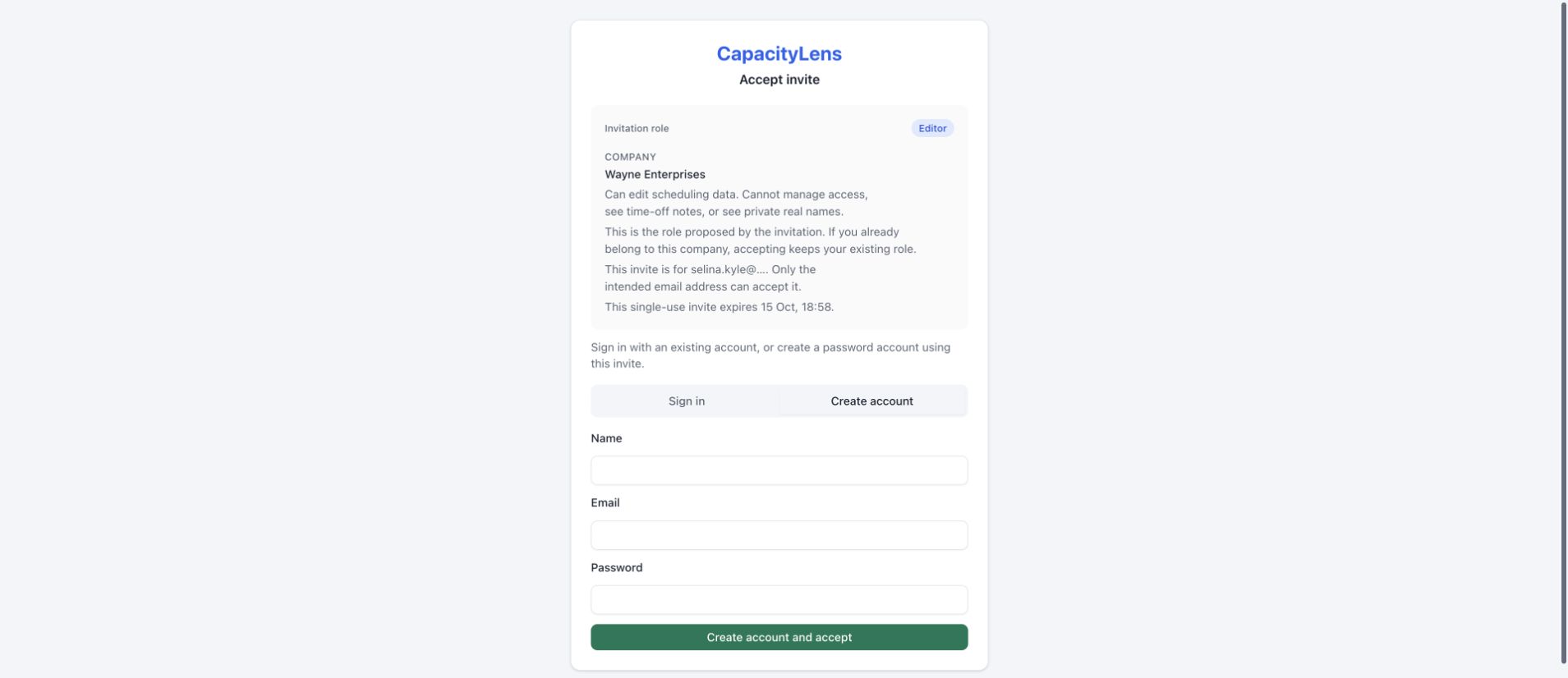 Create account tab on an invitation with Name, Email, Password and Create account and accept