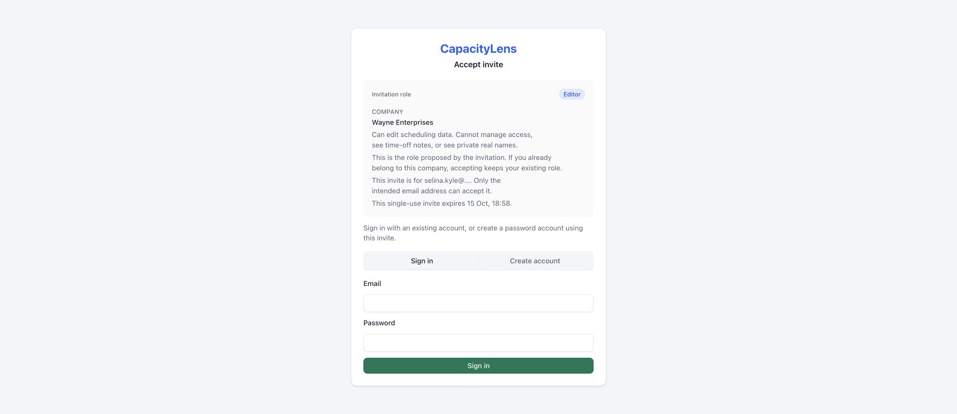 Invitation preview showing company, proposed role, expiry and existing-account sign-in
