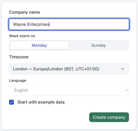 Company form with Company name, Week starts on, Timezone, Language, Start with example data ticked and Create company