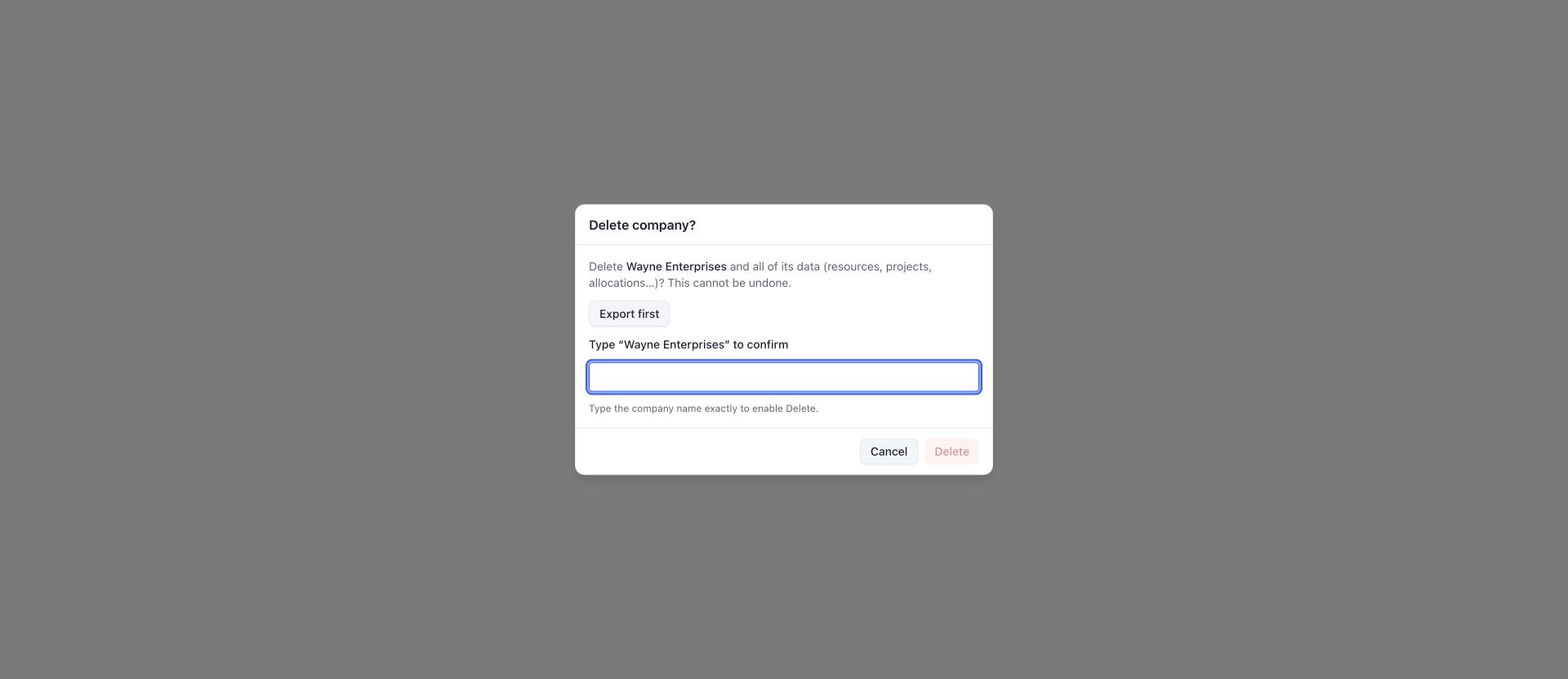 Delete company confirmation offering Export first and exact-name confirmation