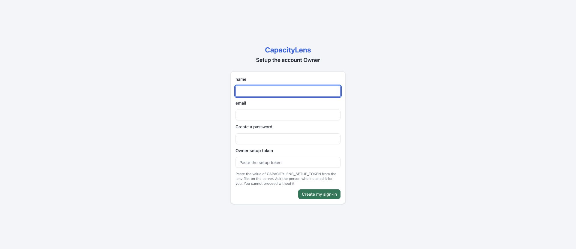 First Owner sign-in setup with Name, Email, Create a password and Owner setup token fields