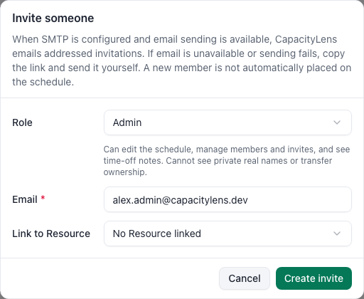Invite someone dialog with Role set to Admin, an email address, No Resource linked and Create invite