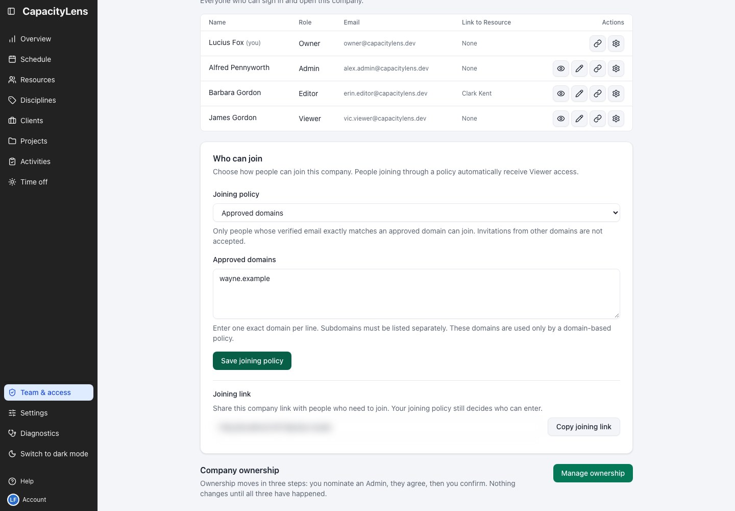 Owner joining policy with approved-domain entry, Save joining policy and company joining link