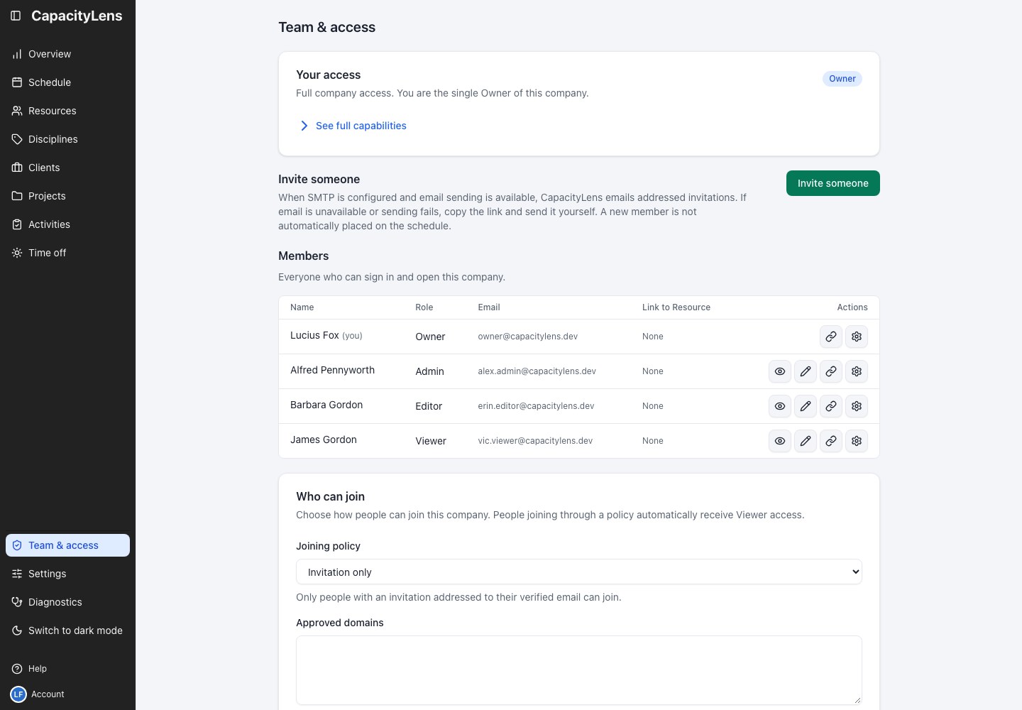 Team & access: accepted member showing Admin role