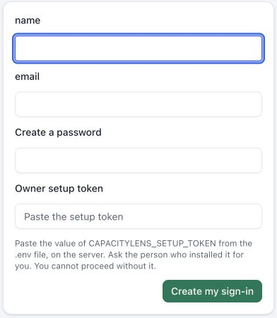 Owner sign-in setup form with name, email, Create a password and Owner setup token fields and Create my sign-in