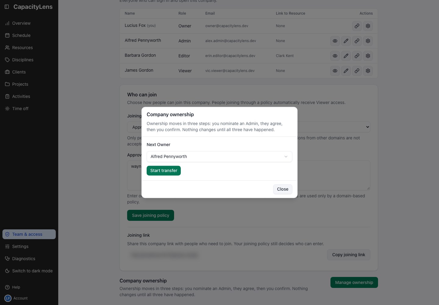 Team & access showing Company ownership, Next Owner and Start transfer