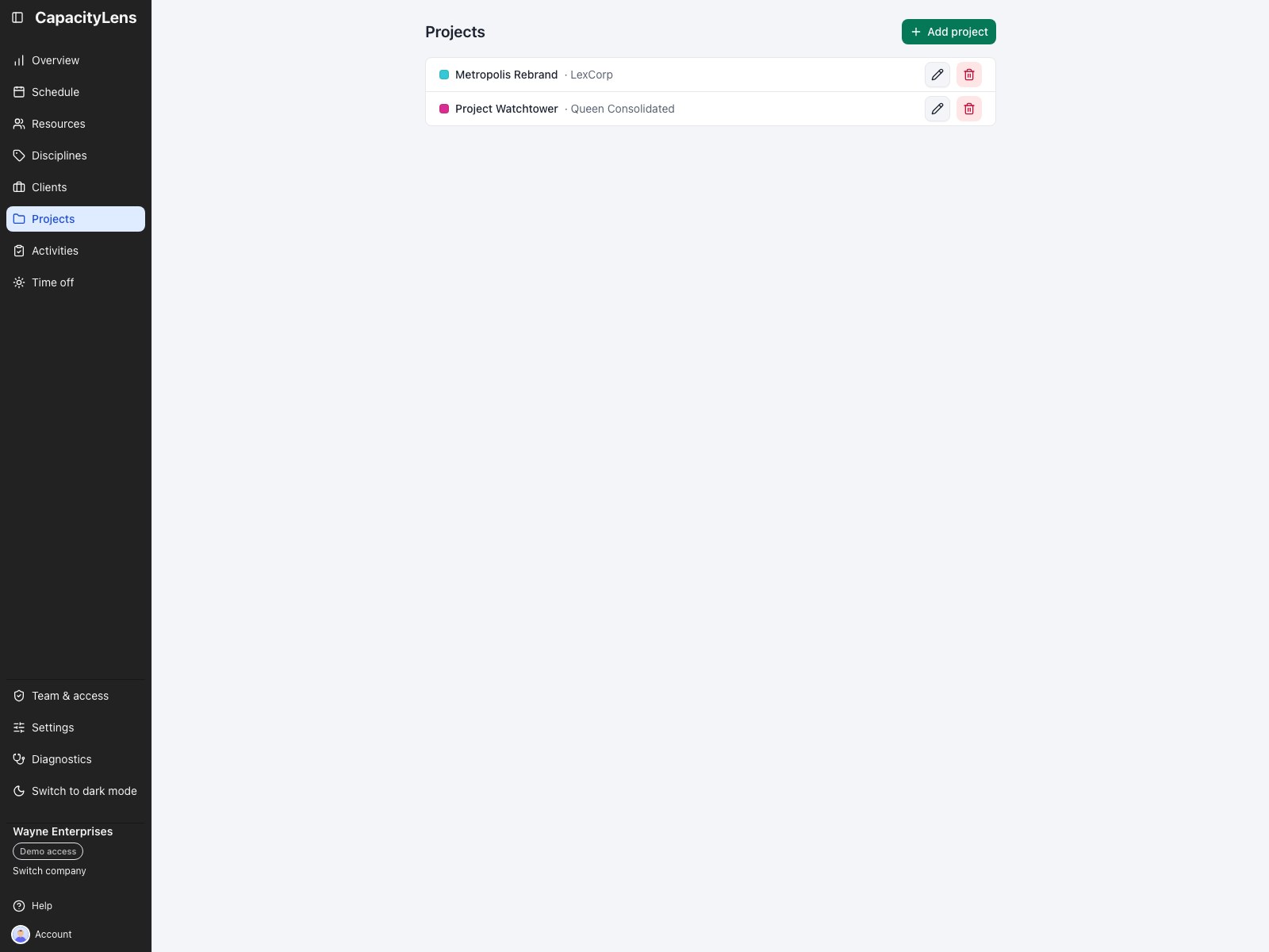 The Projects page ordered by client then project, with project names first, client names in grey and an Add project button