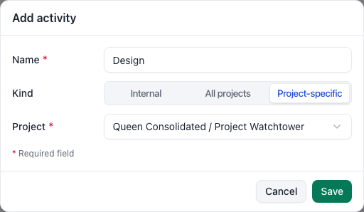 Add activity dialog with Design, Kind set to Project-specific, Project Watchtower and Save