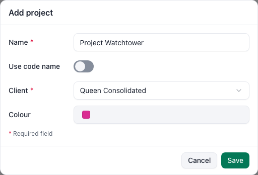 Add project dialog with Project Watchtower, Client set to Queen Consolidated, and Save