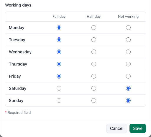 Add resource form: Working days with Full day for Monday to Friday, Not working at the weekend, and Save