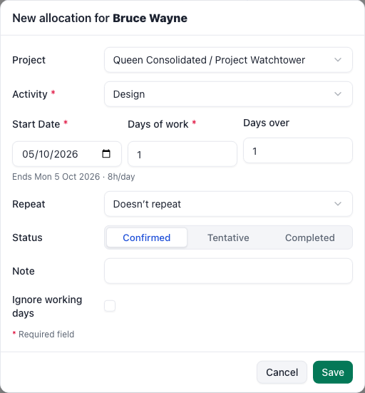 New allocation for Bruce Wayne dialog with Project Watchtower, Design, start date, days of work, Status and Save