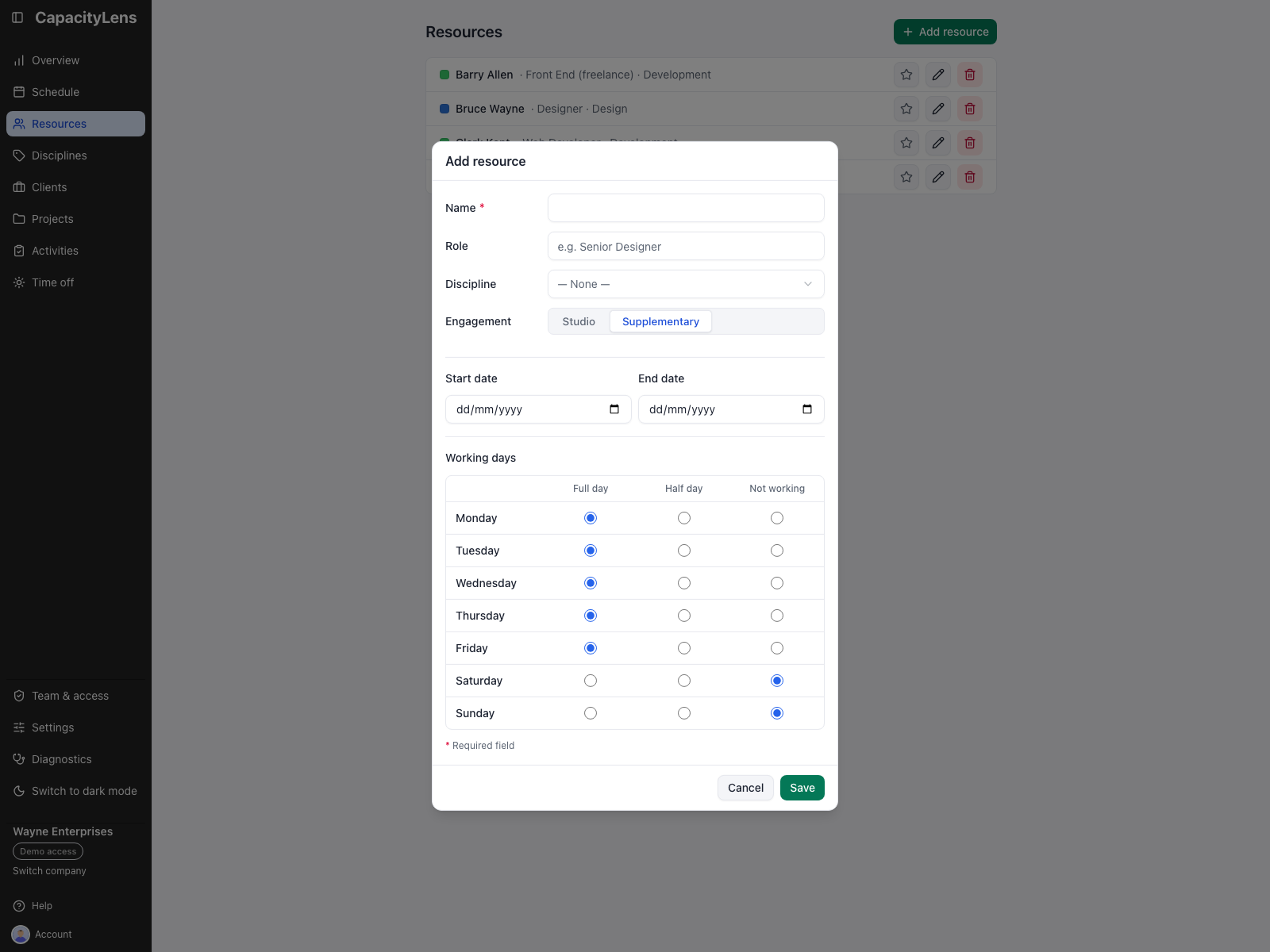 The Add resource form with the always-visible Engagement choices and Supplementary selected